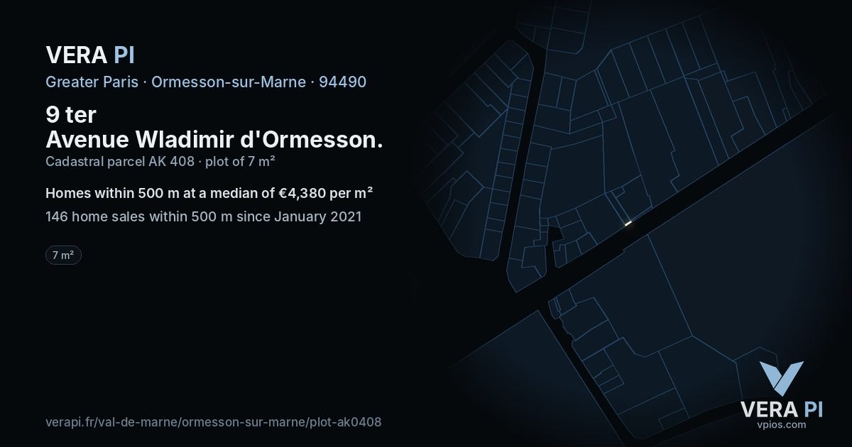 9 ter Avenue Wladimir d'Ormesson, Ormesson-sur-Marne at night – the plot lit, the parcels around coloured by the prices near them