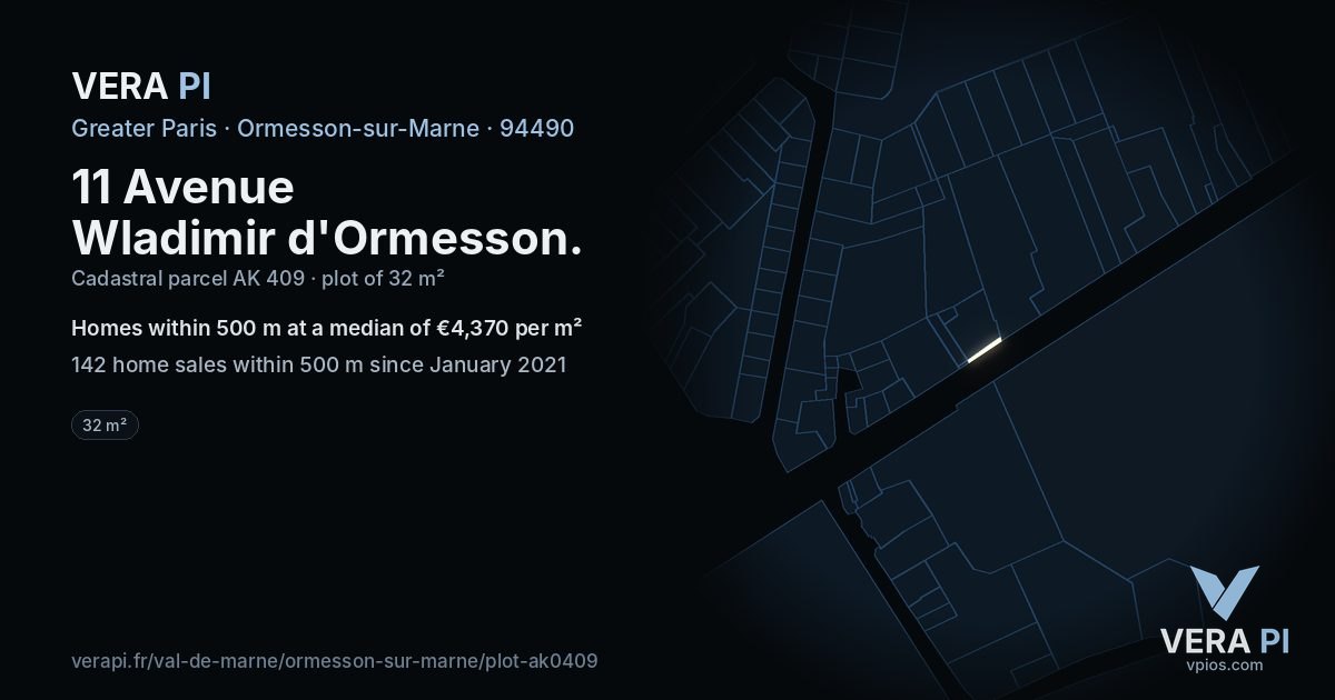 11 Avenue Wladimir d'Ormesson, Ormesson-sur-Marne at night – the plot lit, the parcels around coloured by the prices near them