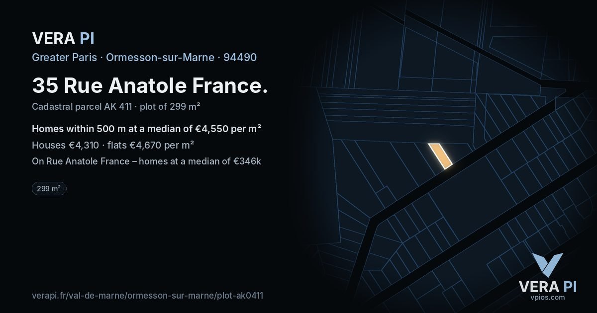 35 Rue Anatole France, Ormesson-sur-Marne at night – the plot lit, the parcels around coloured by the prices near them