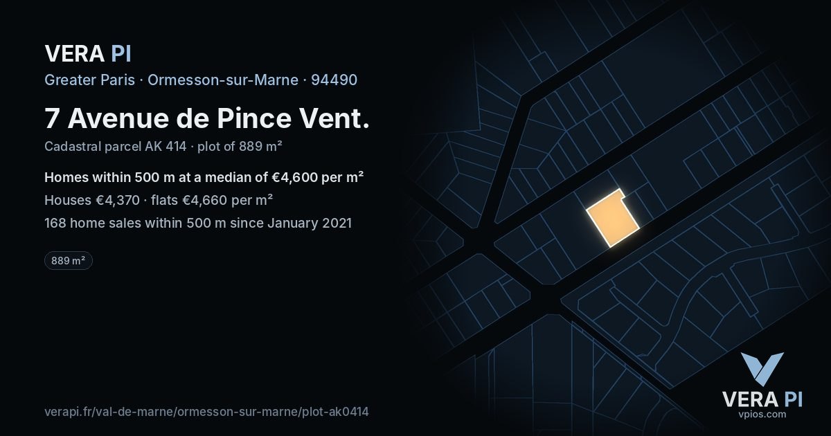 7 Avenue de Pince Vent, Ormesson-sur-Marne at night – the plot lit, the parcels around coloured by the prices near them