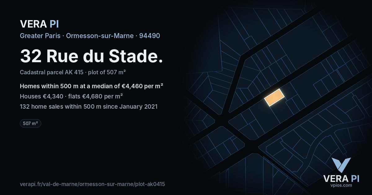 32 Rue du Stade, Ormesson-sur-Marne at night – the plot lit, the parcels around coloured by the prices near them