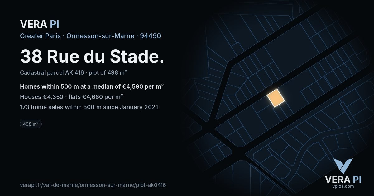 38 Rue du Stade, Ormesson-sur-Marne at night – the plot lit, the parcels around coloured by the prices near them