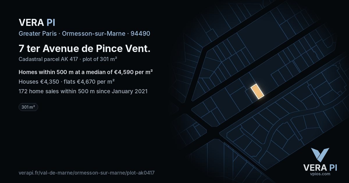 7 ter Avenue de Pince Vent, Ormesson-sur-Marne at night – the plot lit, the parcels around coloured by the prices near them