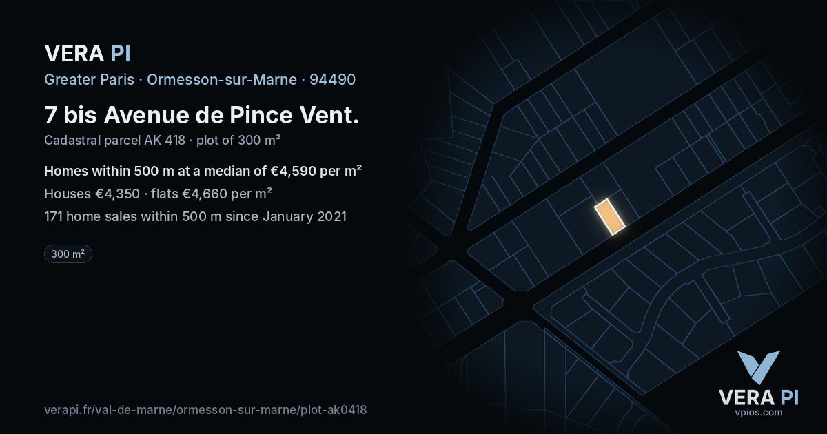 7 bis Avenue de Pince Vent, Ormesson-sur-Marne at night – the plot lit, the parcels around coloured by the prices near them