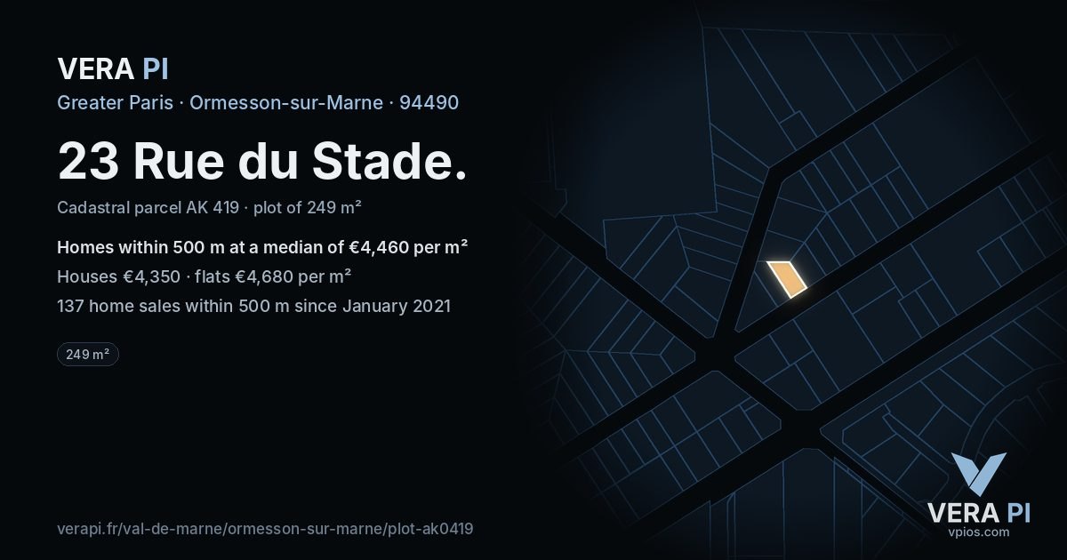 23 Rue du Stade, Ormesson-sur-Marne at night – the plot lit, the parcels around coloured by the prices near them