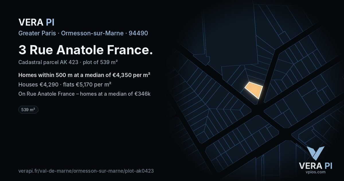 3 Rue Anatole France, Ormesson-sur-Marne at night – the plot lit, the parcels around coloured by the prices near them