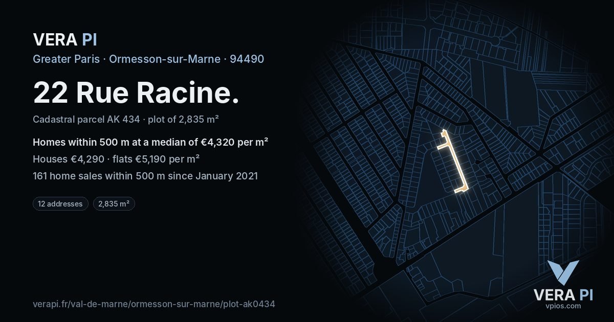 22 Rue Racine, Ormesson-sur-Marne at night – the plot lit, the parcels around coloured by the prices near them