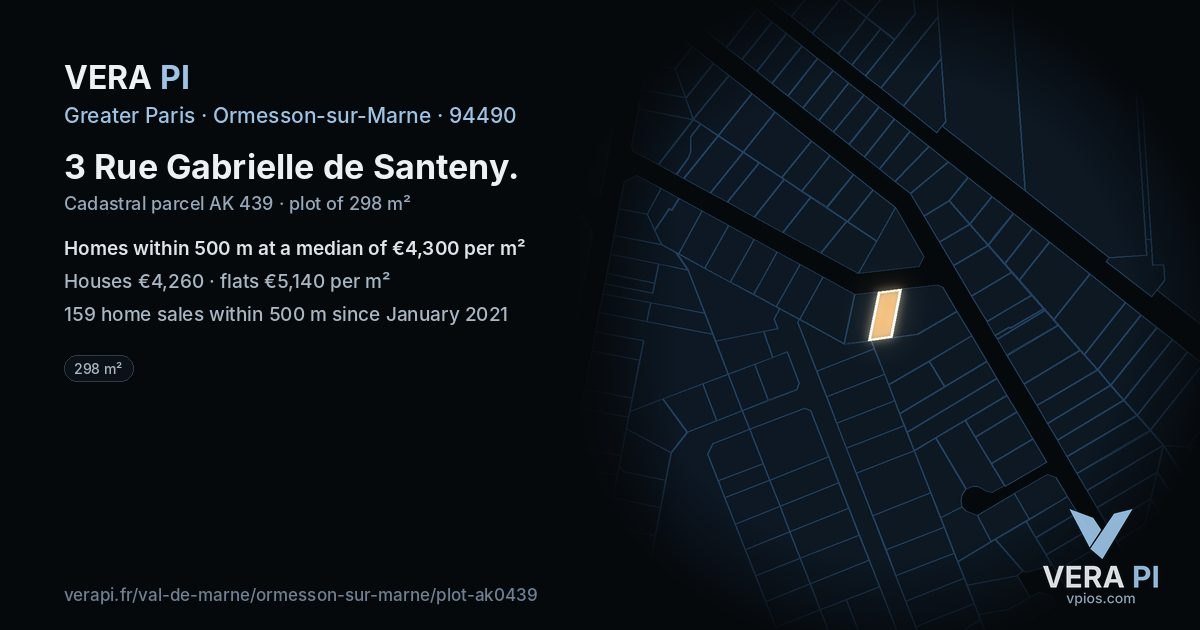3 Rue Gabrielle de Santeny, Ormesson-sur-Marne at night – the plot lit, the parcels around coloured by the prices near them