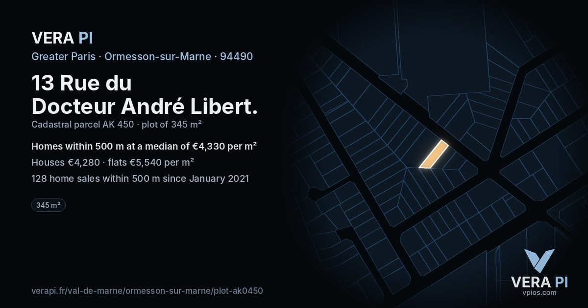 13 Rue du Docteur André Libert, Ormesson-sur-Marne at night – the plot lit, the parcels around coloured by the prices near them