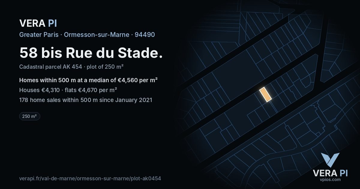 58 bis Rue du Stade, Ormesson-sur-Marne at night – the plot lit, the parcels around coloured by the prices near them