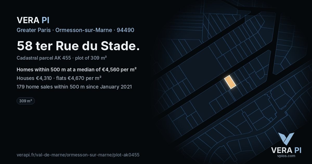 58 ter Rue du Stade, Ormesson-sur-Marne at night – the plot lit, the parcels around coloured by the prices near them