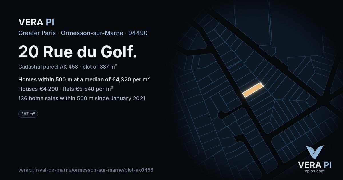 20 Rue du Golf, Ormesson-sur-Marne at night – the plot lit, the parcels around coloured by the prices near them