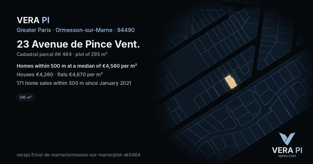 23 Avenue de Pince Vent, Ormesson-sur-Marne at night – the plot lit, the parcels around coloured by the prices near them