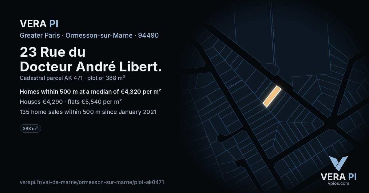 23 Rue du Docteur André Libert, Ormesson-sur-Marne at night – the plot lit, the parcels around coloured by the prices near them