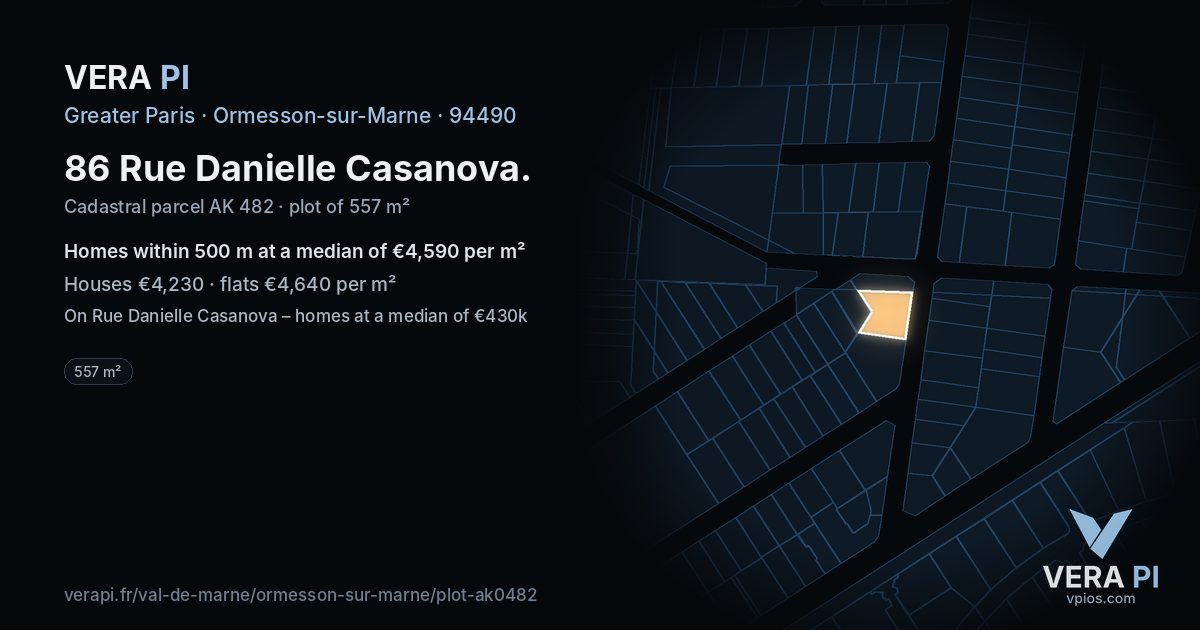 86 Rue Danielle Casanova, Ormesson-sur-Marne at night – the plot lit, the parcels around coloured by the prices near them