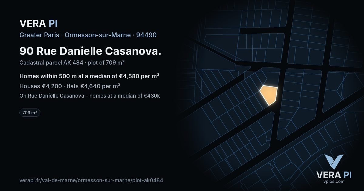 90 Rue Danielle Casanova, Ormesson-sur-Marne at night – the plot lit, the parcels around coloured by the prices near them