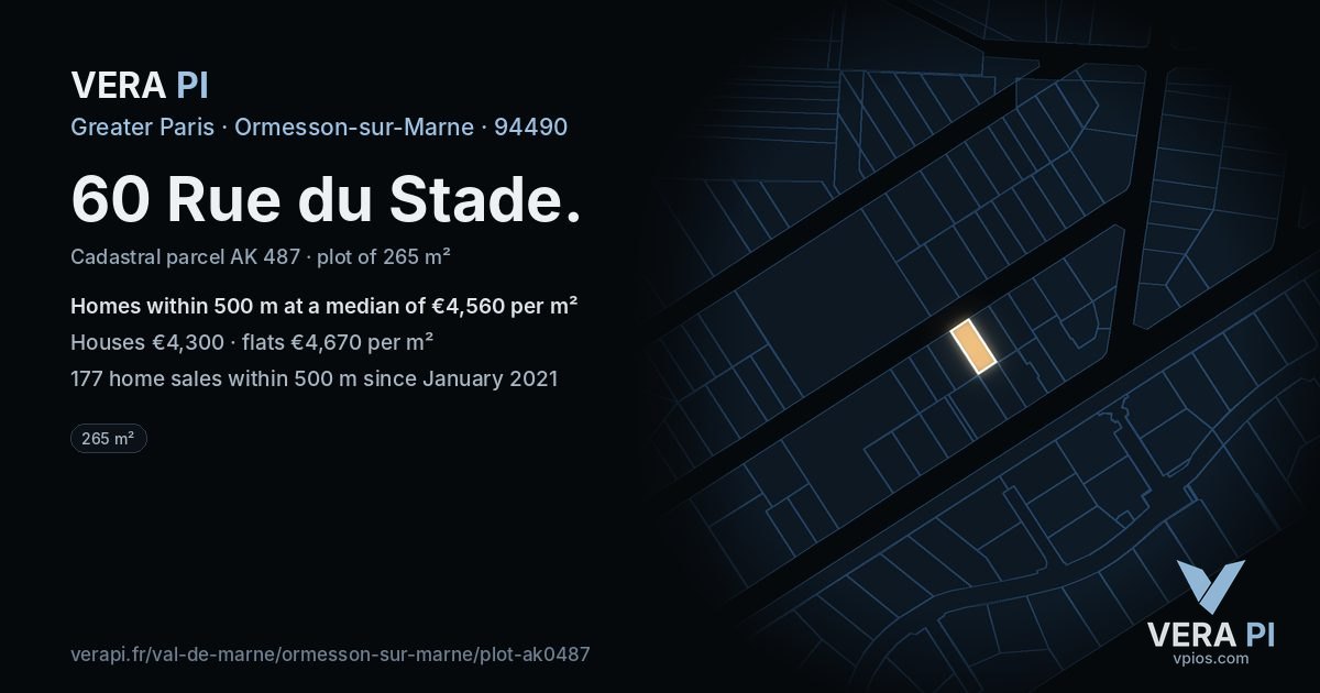 60 Rue du Stade, Ormesson-sur-Marne at night – the plot lit, the parcels around coloured by the prices near them
