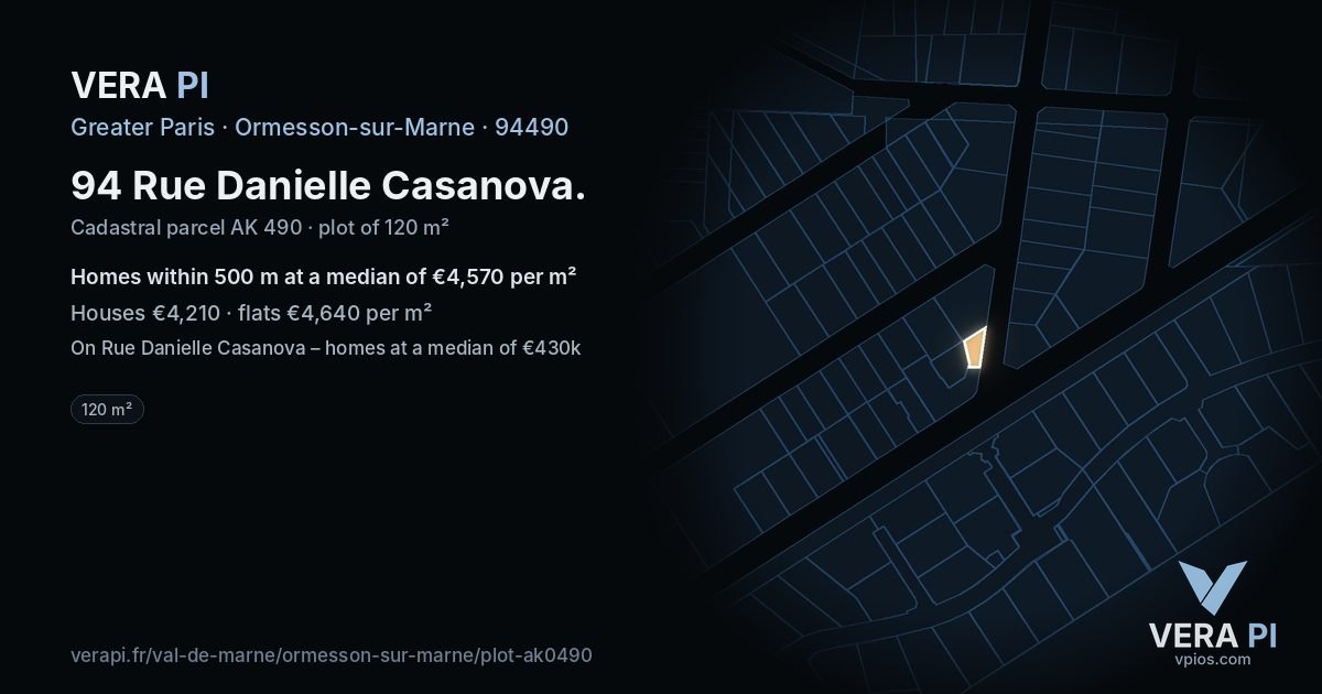 94 Rue Danielle Casanova, Ormesson-sur-Marne at night – the plot lit, the parcels around coloured by the prices near them