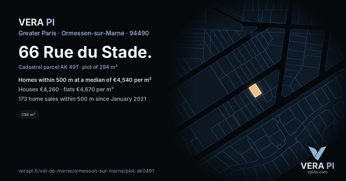 66 Rue du Stade, Ormesson-sur-Marne at night – the plot lit, the parcels around coloured by the prices near them