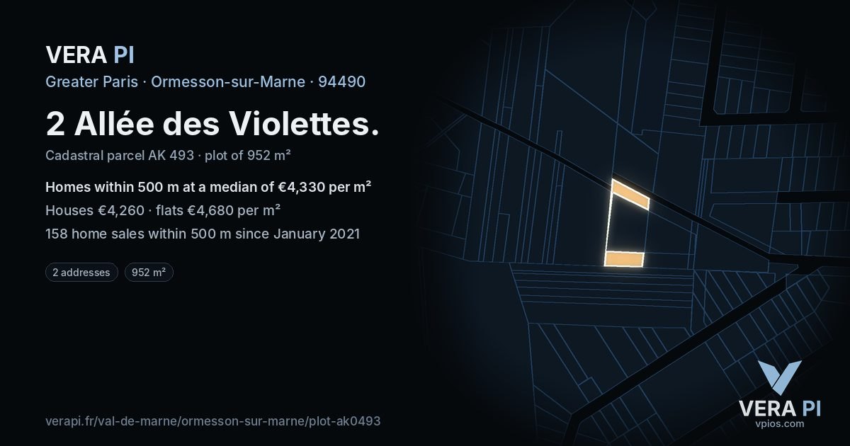 2 Allée des Violettes, Ormesson-sur-Marne at night – the plot lit, the parcels around coloured by the prices near them
