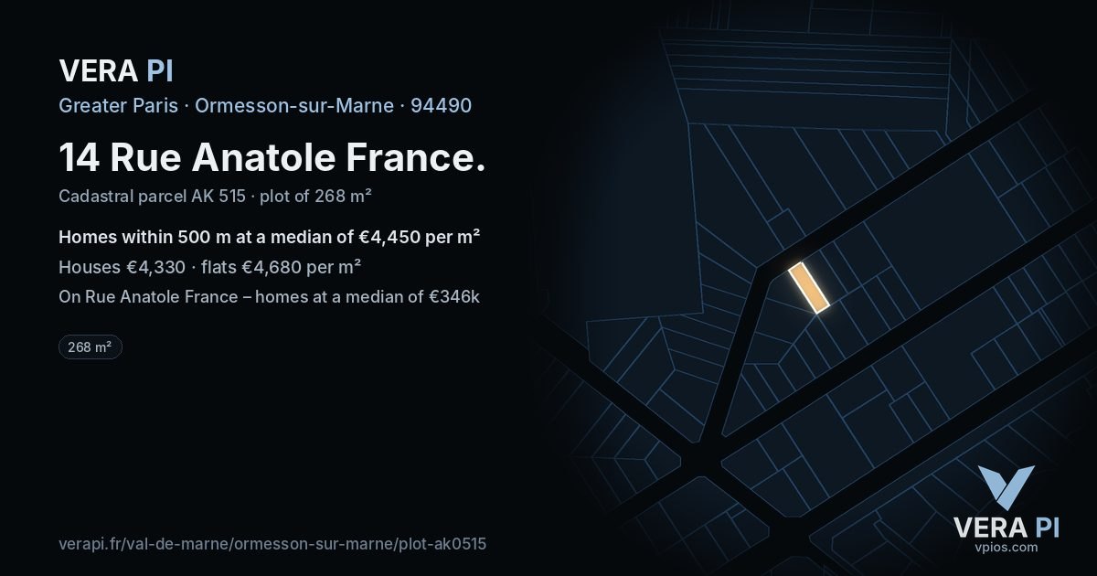14 Rue Anatole France, Ormesson-sur-Marne at night – the plot lit, the parcels around coloured by the prices near them