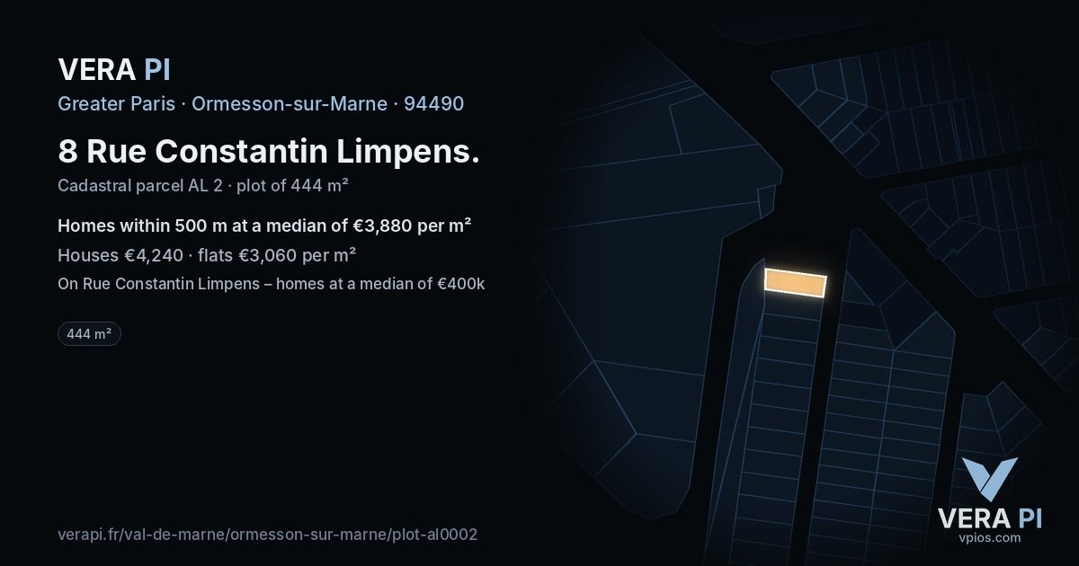 8 Rue Constantin Limpens, Ormesson-sur-Marne at night – the plot lit, the parcels around coloured by the prices near them