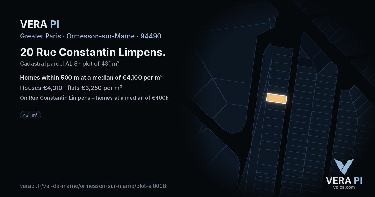 20 Rue Constantin Limpens, Ormesson-sur-Marne at night – the plot lit, the parcels around coloured by the prices near them