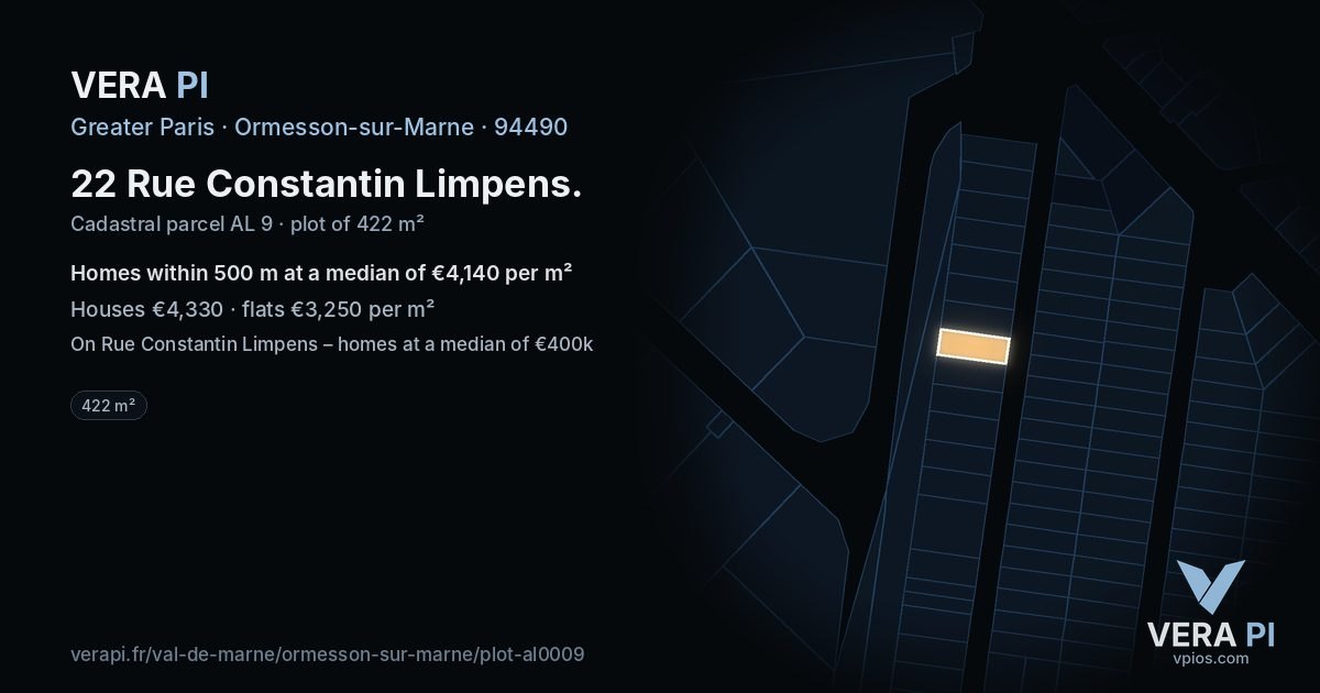 22 Rue Constantin Limpens, Ormesson-sur-Marne at night – the plot lit, the parcels around coloured by the prices near them