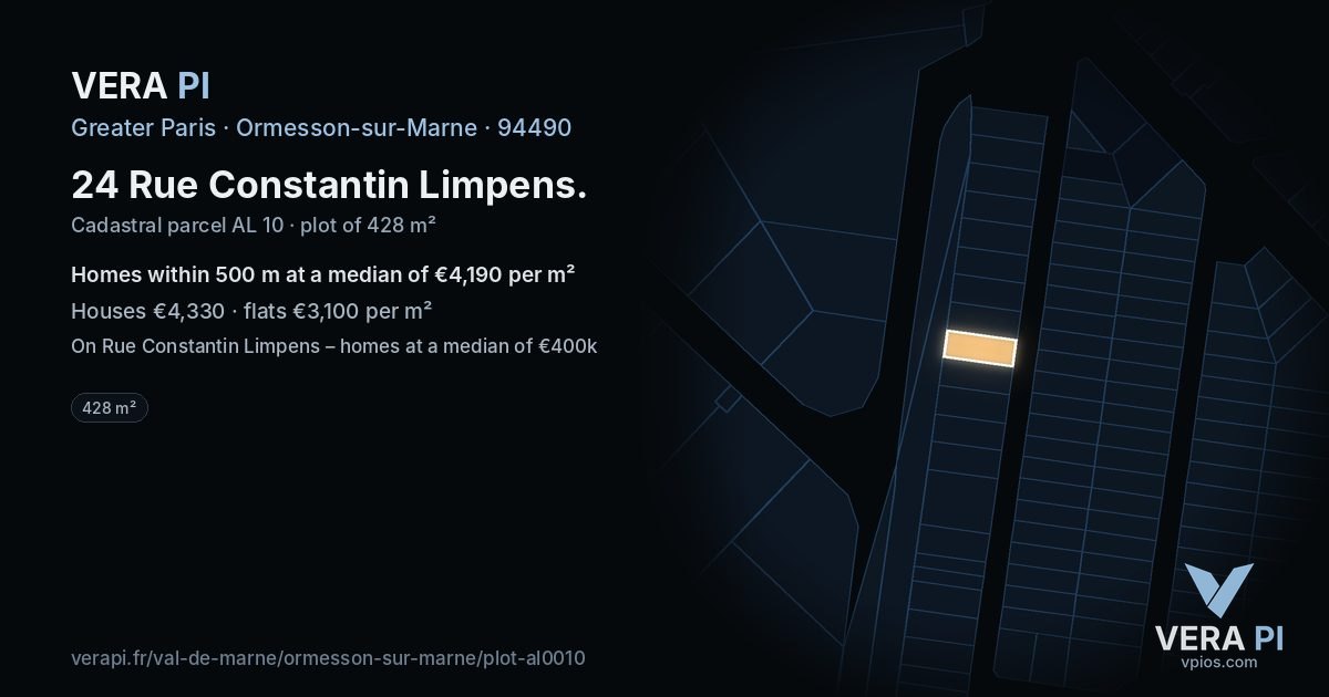 24 Rue Constantin Limpens, Ormesson-sur-Marne at night – the plot lit, the parcels around coloured by the prices near them