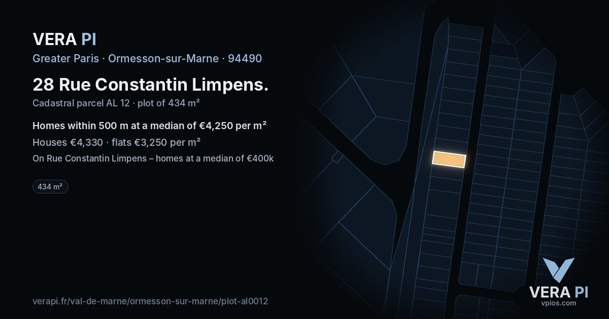 28 Rue Constantin Limpens, Ormesson-sur-Marne at night – the plot lit, the parcels around coloured by the prices near them