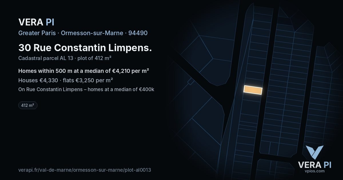 30 Rue Constantin Limpens, Ormesson-sur-Marne at night – the plot lit, the parcels around coloured by the prices near them