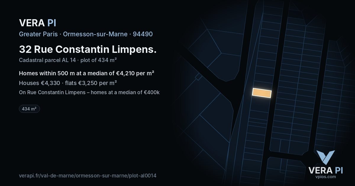 32 Rue Constantin Limpens, Ormesson-sur-Marne at night – the plot lit, the parcels around coloured by the prices near them