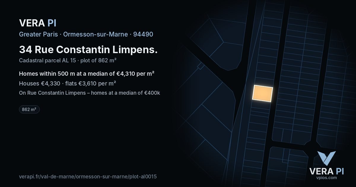 34 Rue Constantin Limpens, Ormesson-sur-Marne at night – the plot lit, the parcels around coloured by the prices near them