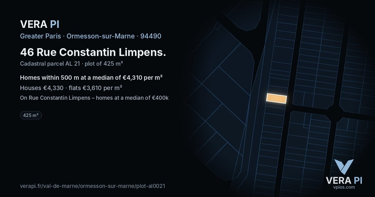 46 Rue Constantin Limpens, Ormesson-sur-Marne at night – the plot lit, the parcels around coloured by the prices near them