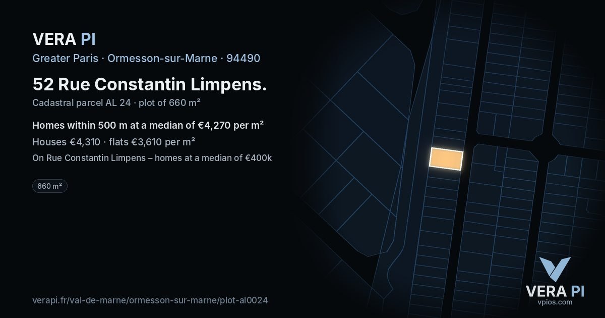 52 Rue Constantin Limpens, Ormesson-sur-Marne at night – the plot lit, the parcels around coloured by the prices near them