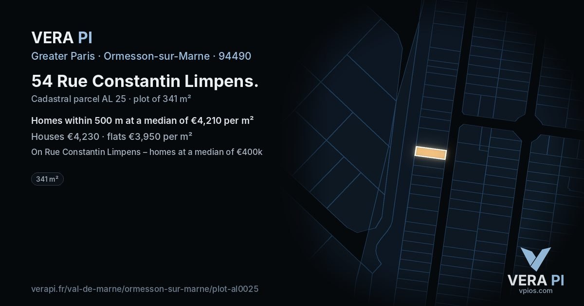 54 Rue Constantin Limpens, Ormesson-sur-Marne at night – the plot lit, the parcels around coloured by the prices near them
