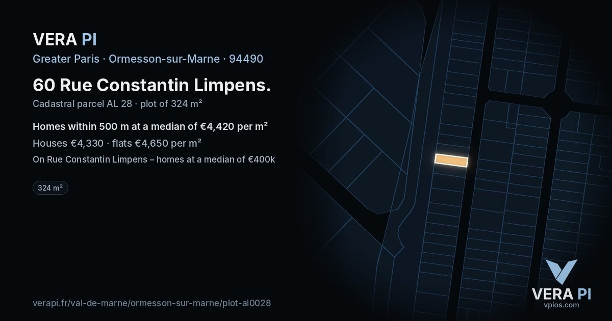 60 Rue Constantin Limpens, Ormesson-sur-Marne at night – the plot lit, the parcels around coloured by the prices near them
