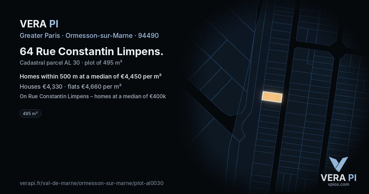64 Rue Constantin Limpens, Ormesson-sur-Marne at night – the plot lit, the parcels around coloured by the prices near them