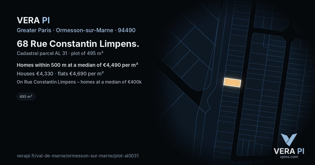 68 Rue Constantin Limpens, Ormesson-sur-Marne at night – the plot lit, the parcels around coloured by the prices near them