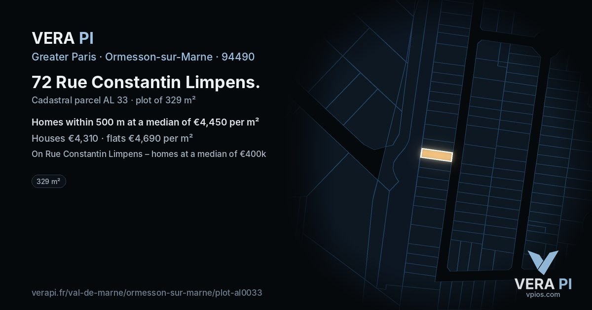 72 Rue Constantin Limpens, Ormesson-sur-Marne at night – the plot lit, the parcels around coloured by the prices near them