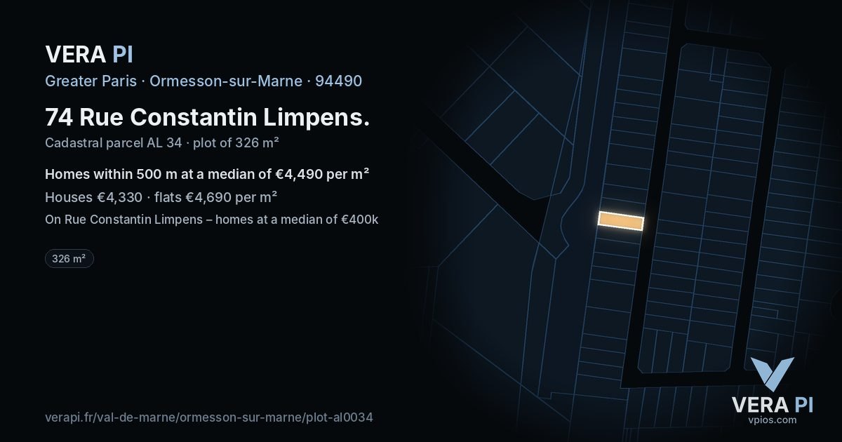 74 Rue Constantin Limpens, Ormesson-sur-Marne at night – the plot lit, the parcels around coloured by the prices near them