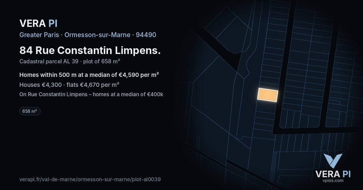 84 Rue Constantin Limpens, Ormesson-sur-Marne at night – the plot lit, the parcels around coloured by the prices near them