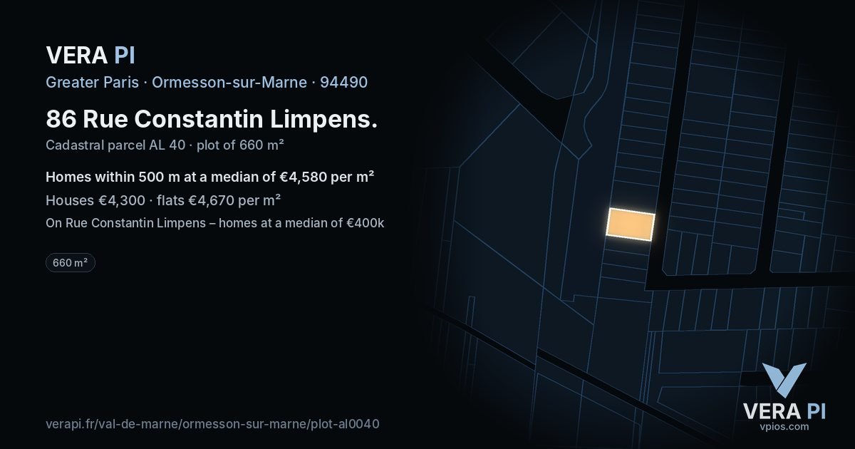 86 Rue Constantin Limpens, Ormesson-sur-Marne at night – the plot lit, the parcels around coloured by the prices near them