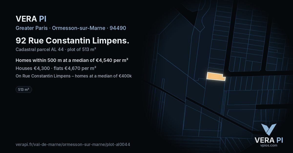 92 Rue Constantin Limpens, Ormesson-sur-Marne at night – the plot lit, the parcels around coloured by the prices near them