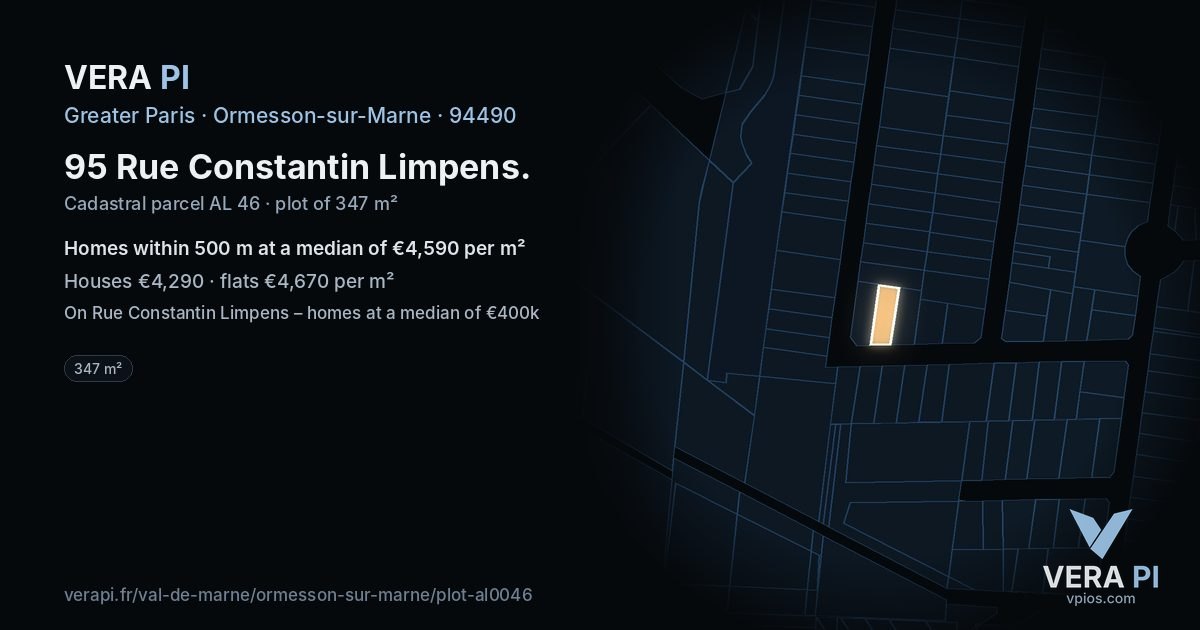 95 Rue Constantin Limpens, Ormesson-sur-Marne at night – the plot lit, the parcels around coloured by the prices near them