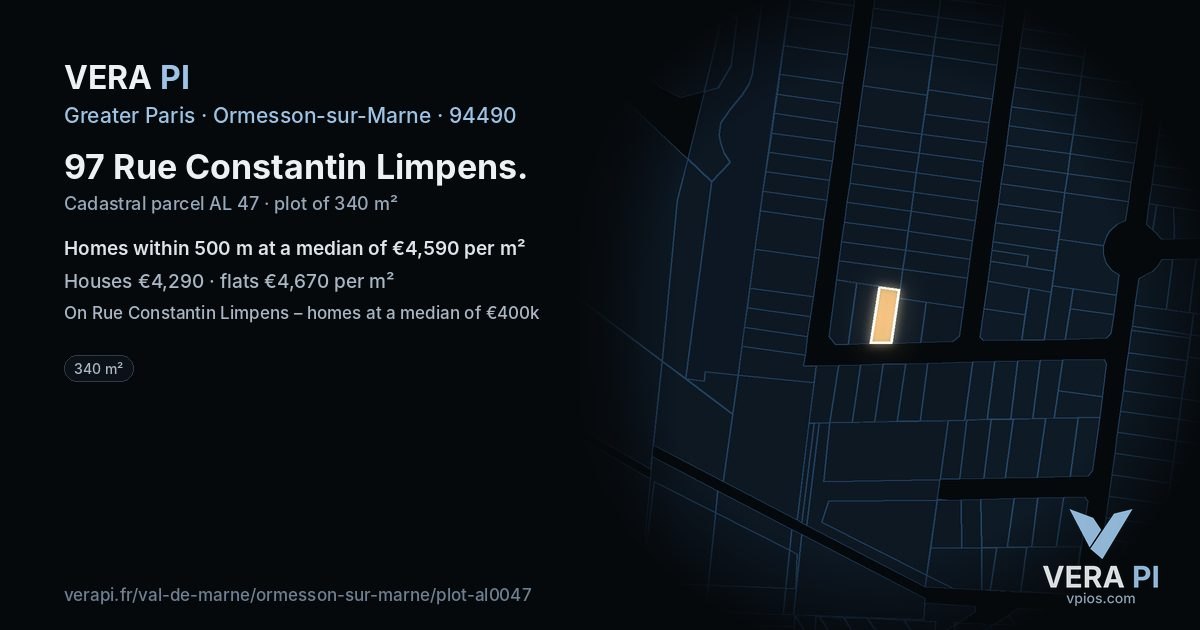 97 Rue Constantin Limpens, Ormesson-sur-Marne at night – the plot lit, the parcels around coloured by the prices near them