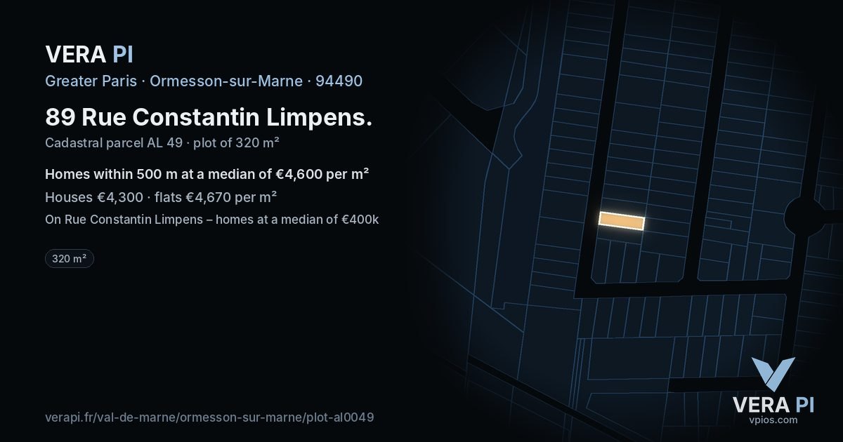89 Rue Constantin Limpens, Ormesson-sur-Marne at night – the plot lit, the parcels around coloured by the prices near them
