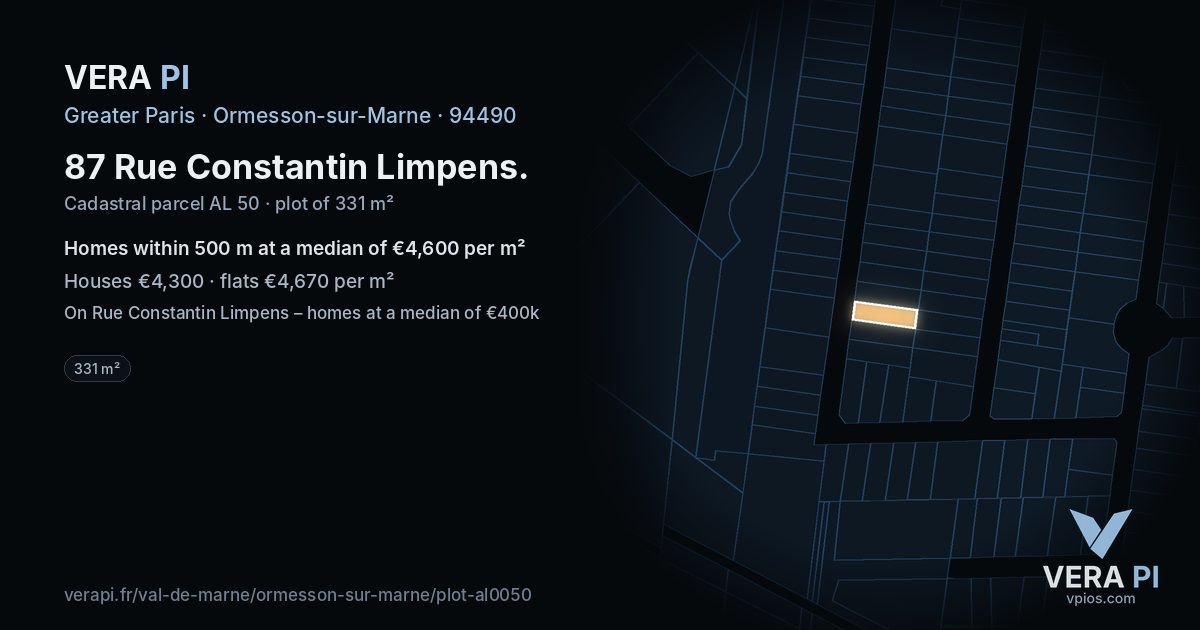 87 Rue Constantin Limpens, Ormesson-sur-Marne at night – the plot lit, the parcels around coloured by the prices near them