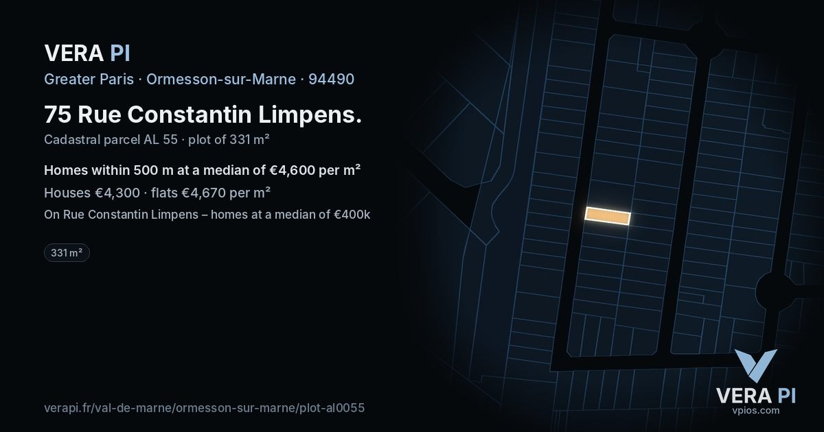 75 Rue Constantin Limpens, Ormesson-sur-Marne at night – the plot lit, the parcels around coloured by the prices near them