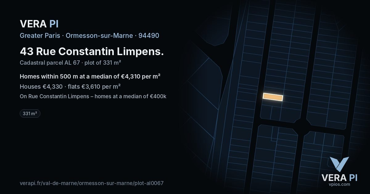 43 Rue Constantin Limpens, Ormesson-sur-Marne at night – the plot lit, the parcels around coloured by the prices near them